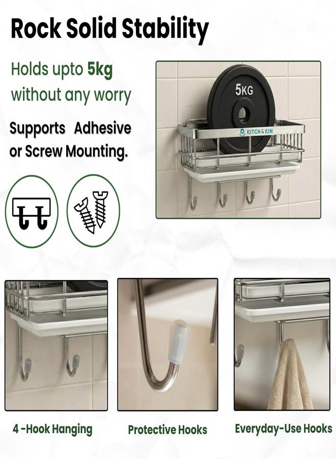 KITCH & KIN Stainless Steel Kitchen & Washroom Sink Organiser with Hooks and Drain Tray - Wall Mount Soap Stand, Sponge Holder and Adhesive Storage Rack for Cleaning Essentials - Image 3